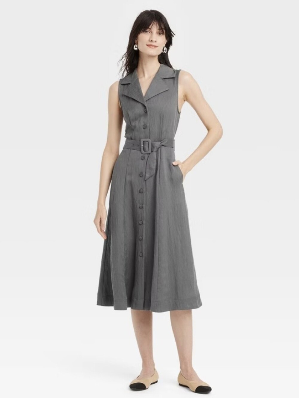 a new day Gray Tie-Waist Midi Shirtdress